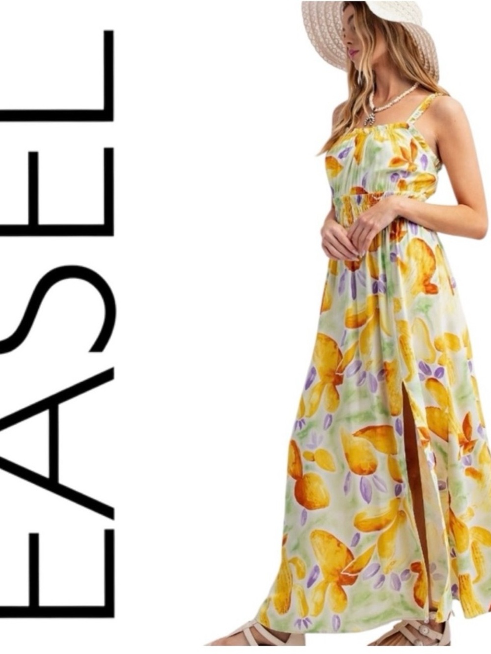 Sleeveless Yellow Floral Maxi Dress by Easel